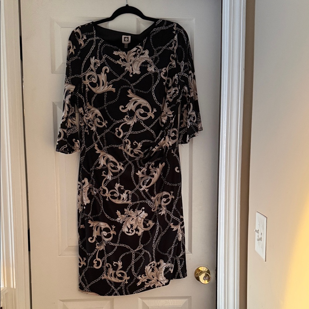Anne Klein Black Midi Dress with Cream Chain & Scroll Print